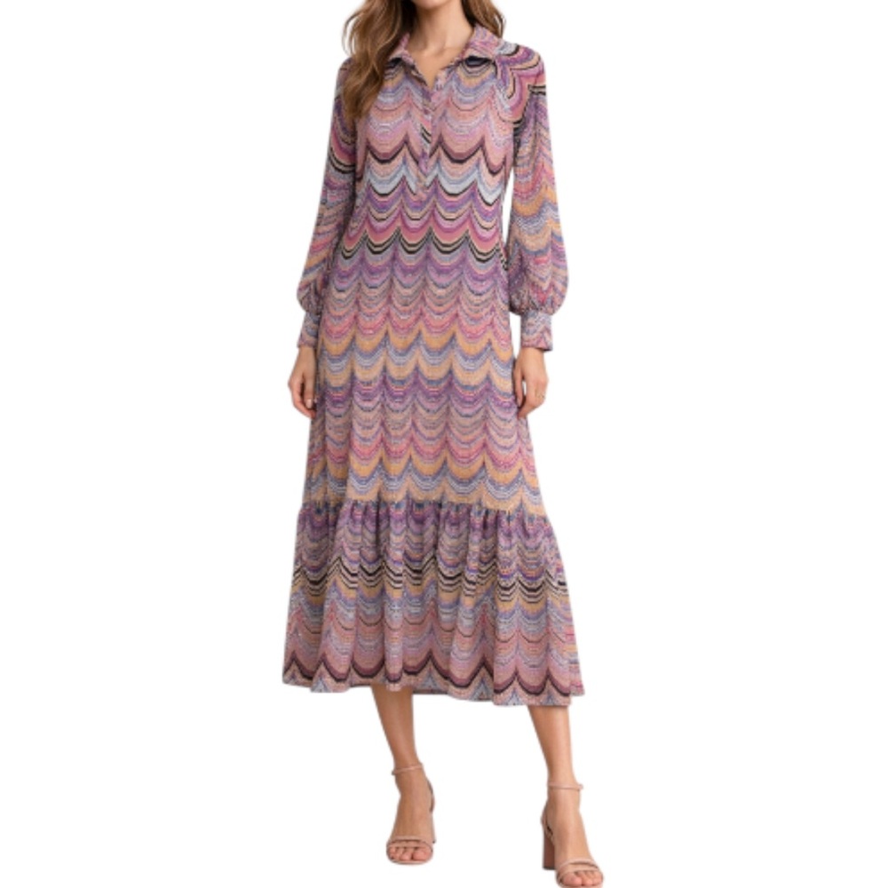 Molly Bracken Pink Purple Blue Black Ruffle Hem Maxi Dress - Size Medium